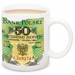 Kubek z banknotem 20 zł głęboki PRL. W obiegu w latach 1950 – 1977.